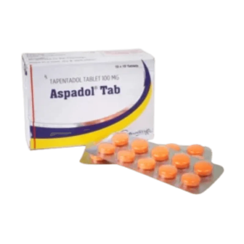 Blister pack of Aspadol 100mg tablets containing Tapentadol, a dual-action opioid analgesic for managing moderate to severe pain.